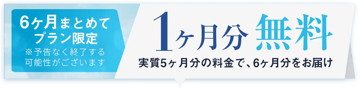 6ヶ月まとめてプラン限定 1ヶ月分無料 実質5ヶ月分の料金で、6ヶ月分をお届け。※予告なく終了する可能性がございます
