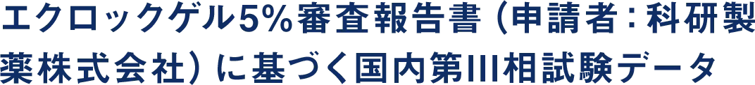抗コリン薬の外用剤（塗り薬）となります。多汗症の原因となるエクリン汗腺のムスカリン受容体と結合することでアセチルコリンの結合を阻害し、発汗を抑制します。※エクロックゲル5%審査報告書（申請者：科研製薬株式会社）に基づく国内第III相試験データ